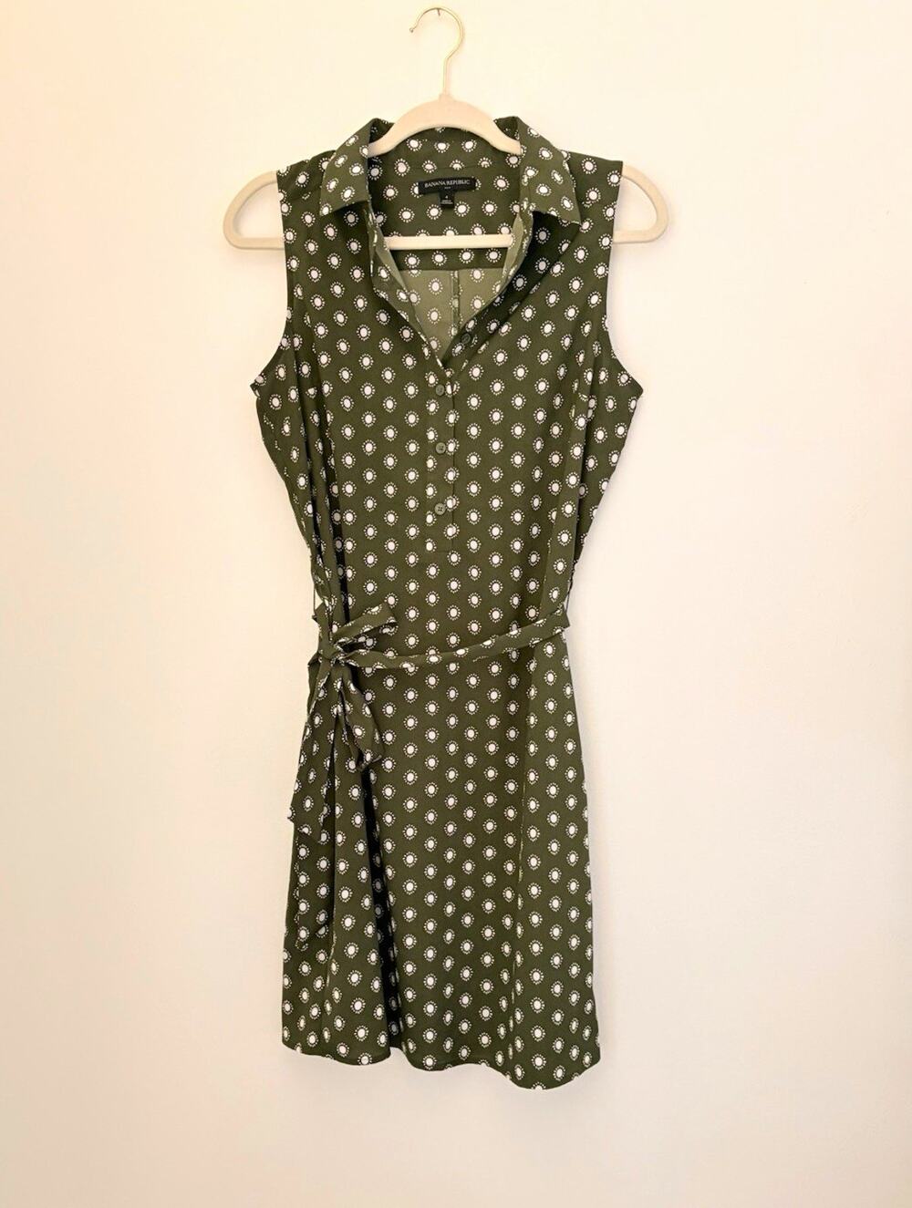 Banana Republic Women’s Shirt Dress Polka Dot Green/White Sleeveless Belted 4